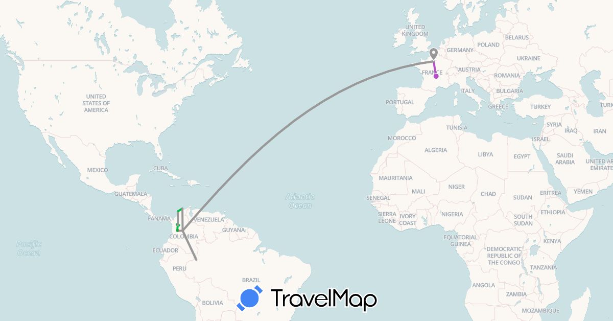TravelMap itinerary: bus, plane, train, hiking in Colombia, France (Europe, South America)
